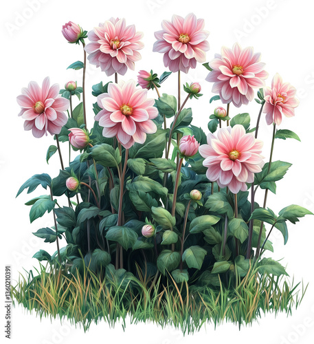 Dahlia Bush with Pink Flowers, isolated on Transparent Background