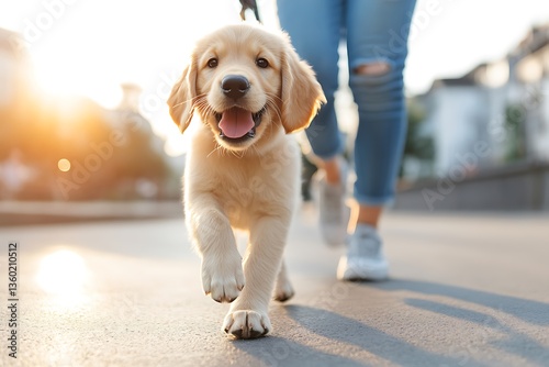 A happy golden retriever puppy being walked outside with joy