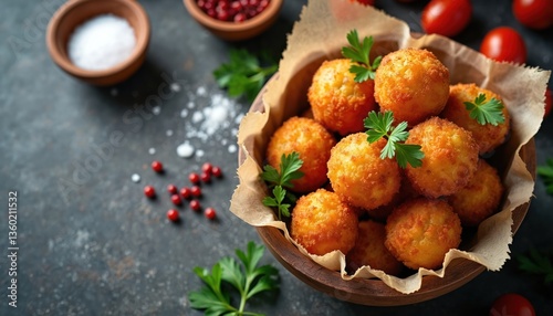 Wallpaper Mural Arancini balls served in wood bowl with parsley sprigs, tomatoes, red berries, salt. Fried rice balls Italian appetizer, great for gourmet restaurant menu or street food. Traditional Sicilian dish. Torontodigital.ca