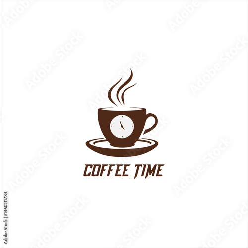 Vector logo coffee cup, coffee time icon, steaming coffee clock, coffee break vector logo on white background, coffee cup icon, cafe emblem, coffee shop logo

