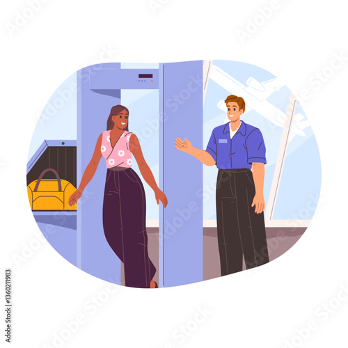 Airport gate for luggage or baggage x-ray control. Vector people at passengers bag security check. Airport terminal or gate with scanner. Screening procedure and safety measure. Travel and aviation.