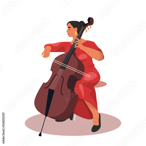 Double or upright bass player. Vector cello musician or contrabas performer. Classical music instrument. Violoncello acoustic concert. Classic melody ensemble. Jazz and rhythm. Musical artsit practice