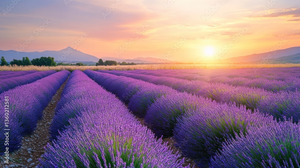 Obraz premium Scenic Lavender Field at Sunset in Provence France with Distant Mountains