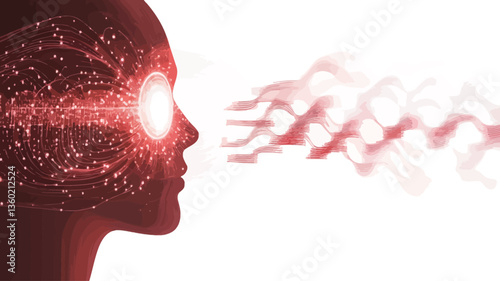 The image is a digital illustration depicting a stylized profile of a human head in a reddish hue.  The head is translucent, revealing an inner structure resembling swirling energy patterns or data