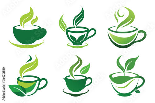set of tea cup for logo icon concept. with Green Leaves vector art illustration
