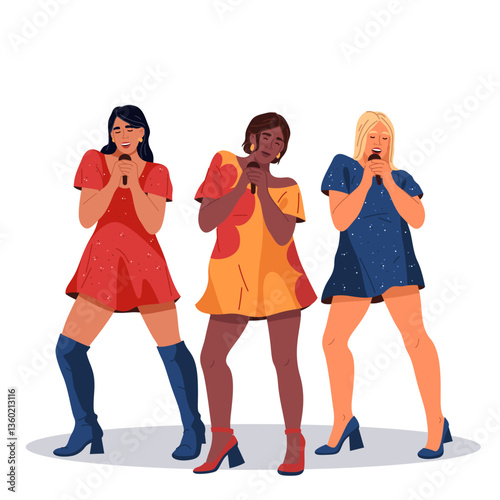 Pop band with three girls of different cultures singing vector illustration. Multicultural trio perform music or song. Diverse group performing on concert stage. Sound vocals entertainment. Talent.