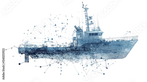 The image is an abstract illustration of a ship rendered in shades of blue and grey.  The style is reminiscent of watercolor painting, with soft edges and blended colors. The ship itself is