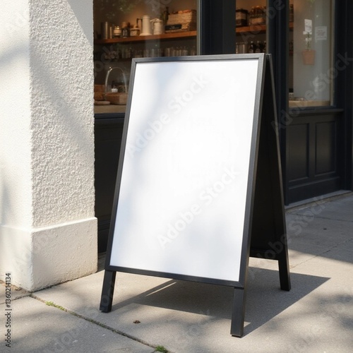 sandwich board sign white blank sidewalk stucco white wall natural poster clean surface minimalist aesthetic billboard sunlight shadow concrete black frame flyer texture mockup mockups standing store