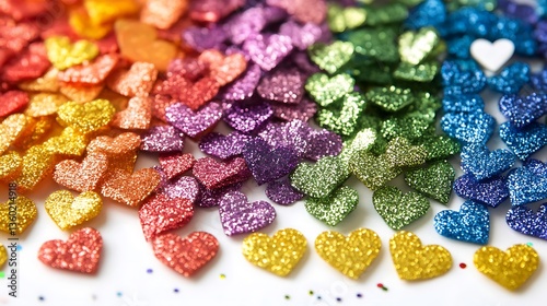 A vibrant cascade of glittering hearts in every imaginable hue of rainbow