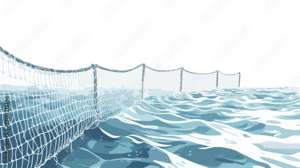Obraz premium The image is a stylized illustration depicting multiple fishing nets stretching across a body of water. The nets are rendered in shades of light grey and white against a background of blue water.