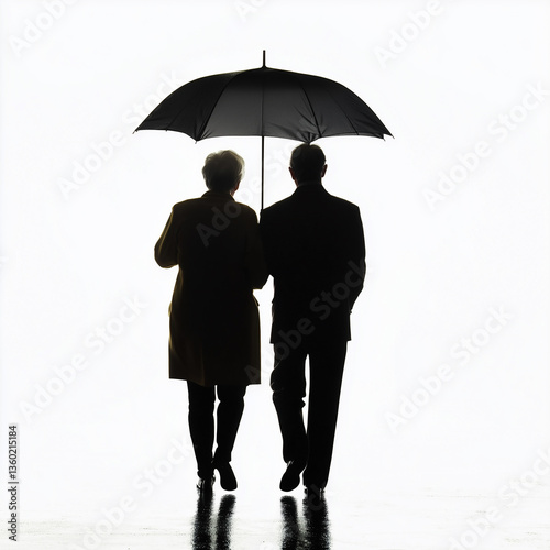 Silhouette, rear view of a joyful elderly couple with umbrella strolling together in the rain, against a clean white background