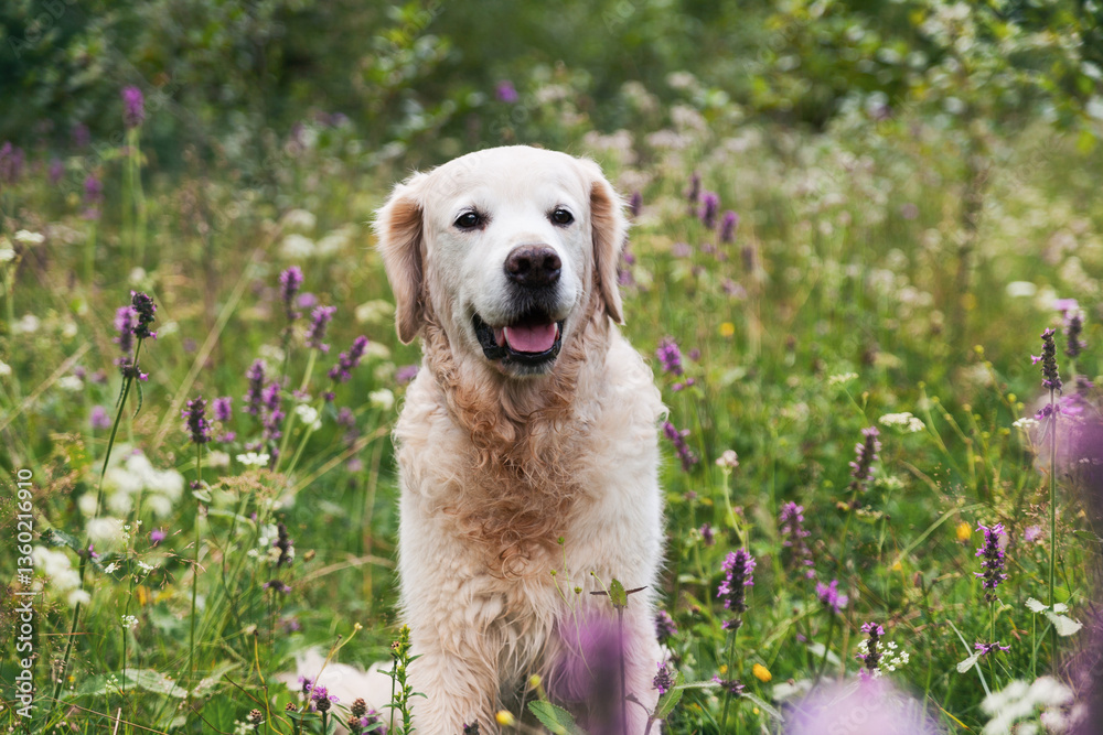 Happy smiling adorable golden retriever dog outdoors on green grass white and purple summer flowers. Happy smiling adorable golden retriever dog outdoors on green grass white and purple summer flowers.
