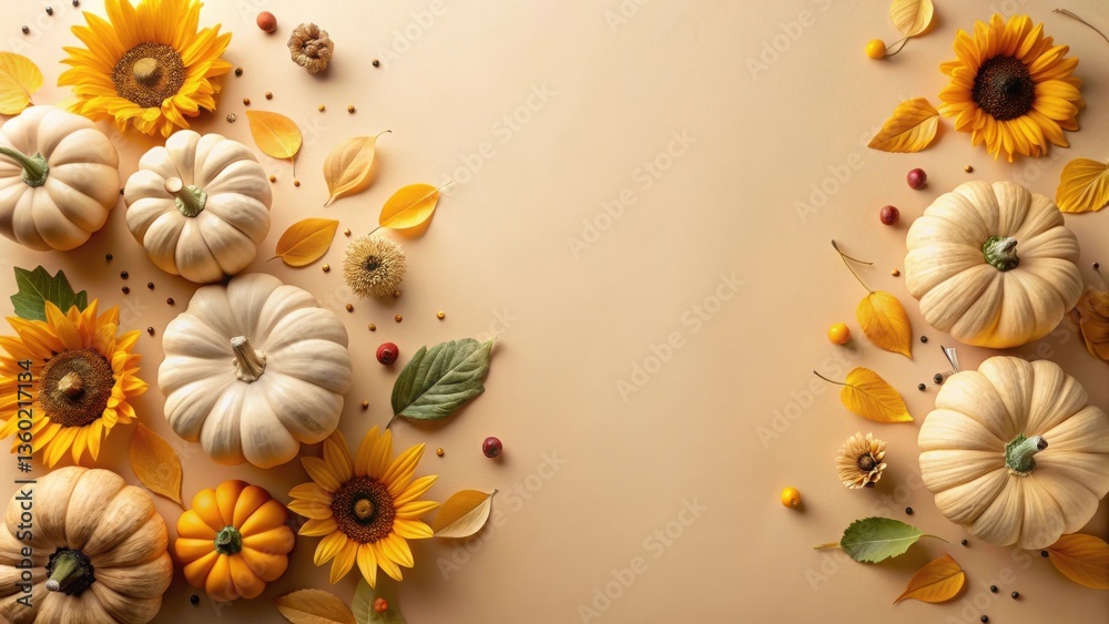 Obraz premium Autumnal Harvest Creamy Pumpkins, Sunflowers, and Golden Leaves Create a Festive Fall Scene