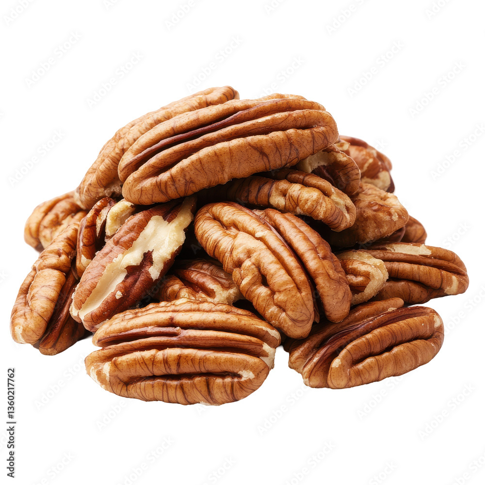 Pile of Shelled Pecans on White Background for Culinary Use and Recipes Pile of Shelled Pecans on White Background for Culinary Use and Recipes