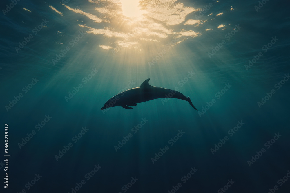 Fototapeta premium A dolphin is swimming in the ocean with the sun shining on it