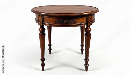 Elegant wooden end table features drawer, turned legs. Classic, vintage design, perfect for interior decor. Side table with wood grain, rustic charm, adds warmth to living room.