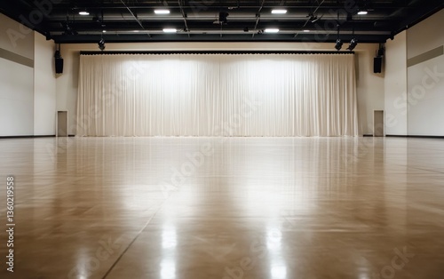 Spacious Event Hall with Beige Floor and Off White Curtains