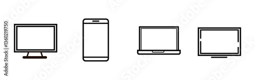 Digital Device Icons, Computer Monitor, Smartphone, Laptop, Smart TV, Minimalist Technology Symbols, Black and White Electronics Outline, Modern Tech Illustration.