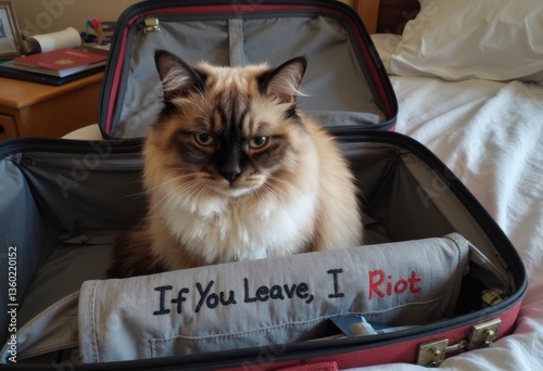A fluffy cat sitting in an open suitcase with a humorous message