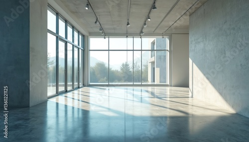 Wallpaper Mural Spacious modern retail space with large windows. Natural light fills empty room, concrete walls. Clean interior design, business premises for rent or lease, property investment. Torontodigital.ca