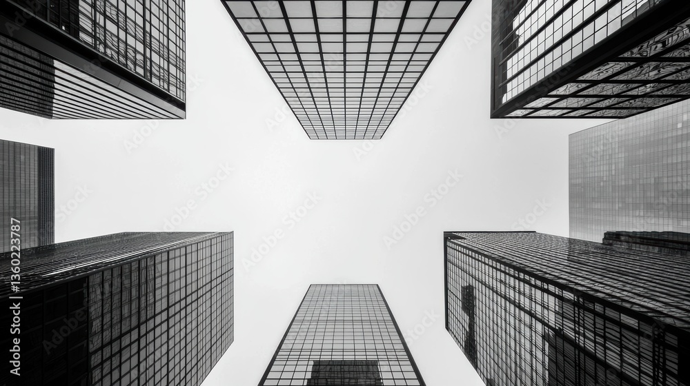 Fototapeta premium A striking view of tall skyscrapers from below, showcasing their glass facades against a cloudy sky, creating a dramatic urban perspective.