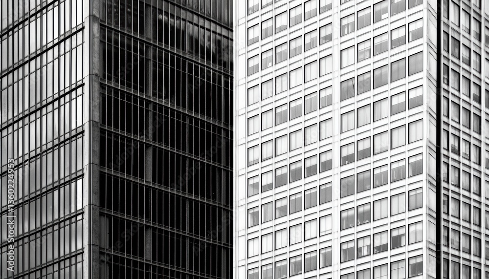 A monochrome image showcasing the contrasting designs of two modern skyscrapers with glass facades highlighting architectural lines and reflections. A monochrome image showcasing the contrasting designs of two modern skyscrapers with glass facades highlighting architectural lines and reflections.
