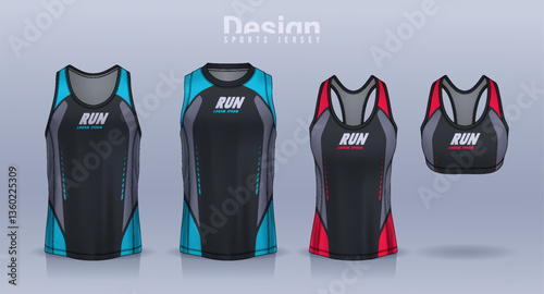 Sleeveless shirt sport design template, jersey mockup for Men's and Women's, Running singlet, basketball Tank top.