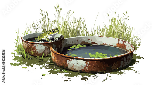 The image depicts a close-up view of two rusty metal bowls partially filled with water, situated in a patch of green grass and weeds.  A frog is perched on the edge of one of the bowls. The bowls