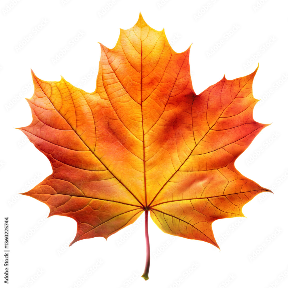 Obraz premium Vibrant Autumn Maple Leaf isolated on transparent background. Bright Fall Maple Leaf. Colorful Autumn Maple Leaf. 