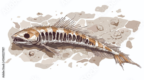 A detailed illustration of a fish skeleton. The style is reminiscent of a scientific drawing or a paleontological illustration. The fish is depicted lying on a light beige background suggesting