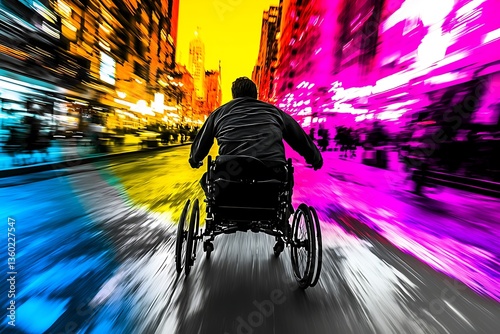 Man in wheelchair moving fast in city with motion blur effect