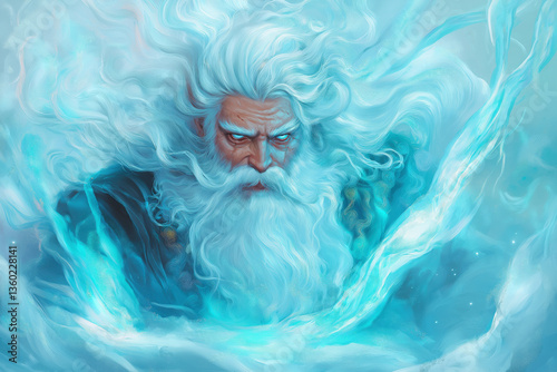 Powerful god of winter controlling blizzard with magic, ice and snow. Mythological god of winter summoning a blizzard with his magical powers
