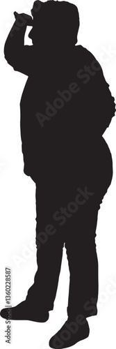 Vector silhouette of side view of a standing senior woman hand on forehead looking away