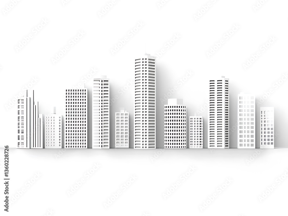 Minimalist metropolis skyline on pure white background, architectural design Minimalist metropolis skyline on pure white background, architectural design