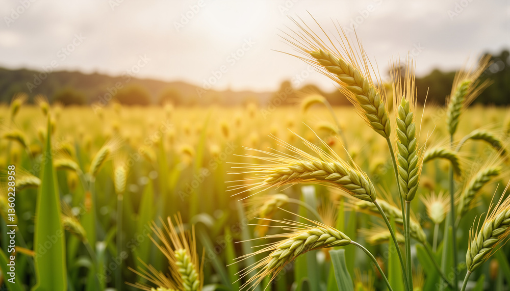 Obraz premium Golden wheat swaying in spring rain under overcast sky, nature's bounty
