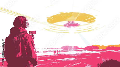 A stylized vector graphic illustration depicting a person holding a video camera, filming a bright, yellow and white UFO-shaped object in the sky. The overall color palette is predominantly pink,
