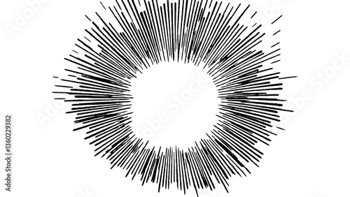 Vector abstract illustration of a sunburst featuring clean, lengthy rays, representing clarity, energy, and focus in a simplistic and modern artistic style.