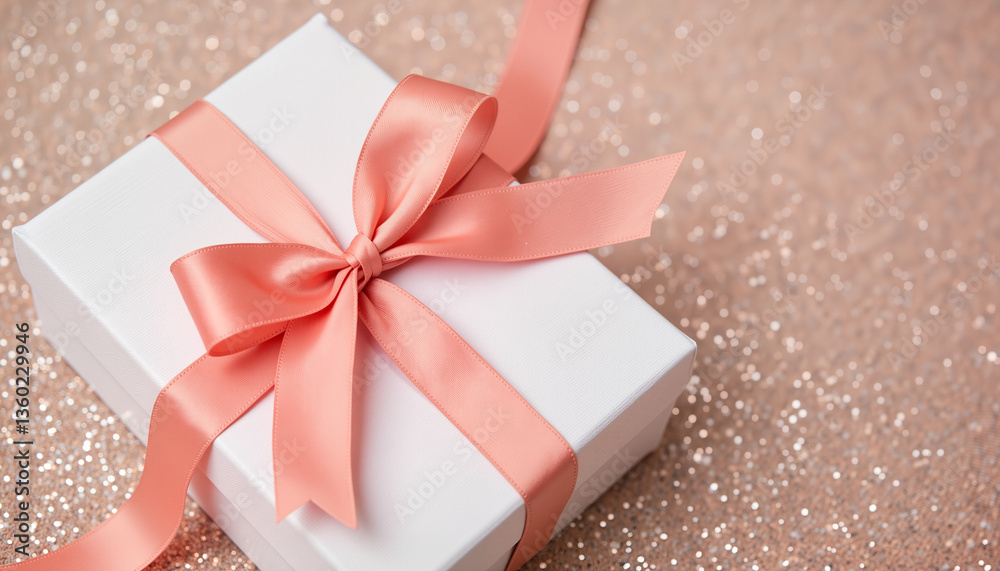 Beautifully wrapped gift box with silk bow on glittering tablecloth, celebration Beautifully wrapped gift box with silk bow on glittering tablecloth, celebration