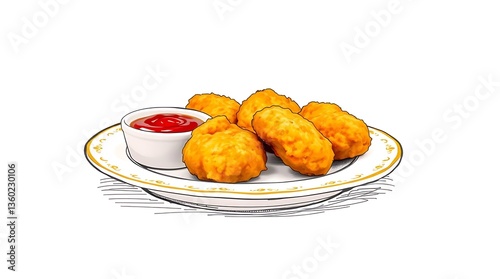 Chicken Nuggets & Ketchup on Plate: Food Illustration | Crispy Nuggets Art | Delicious Snack Drawing | Plate with Dip | Tasty Food Graphic | Fried Chicken Bites Art