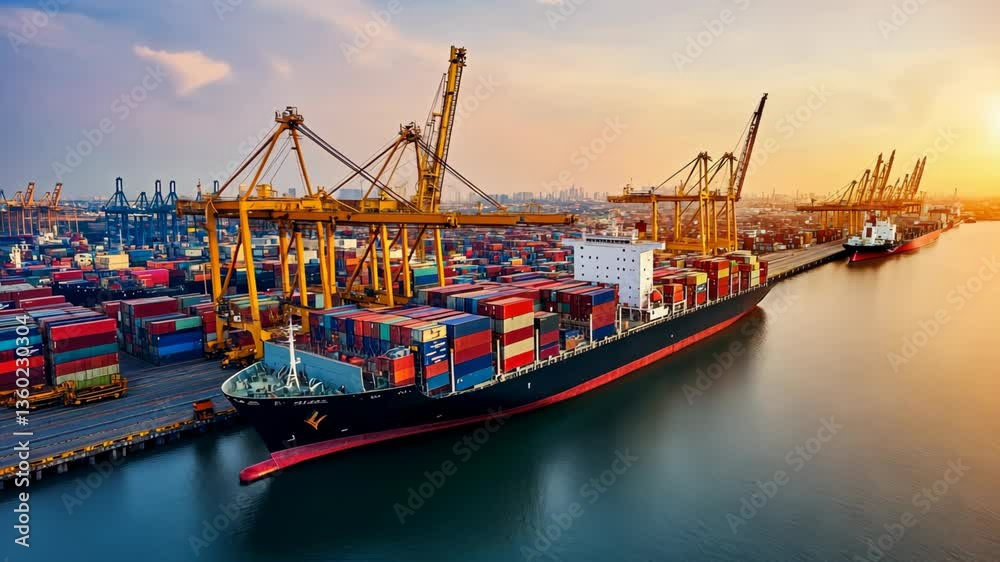 Harbor view of a cargo ship loading containers at sunset in a busy port with cranes and a bustling skyline in the background