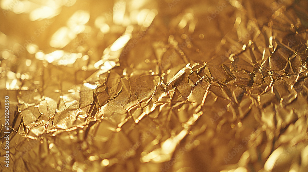 Crinkled gold foil surface, full-frame texture perfect for premium design backgrounds, wrapping material, and festive visuals