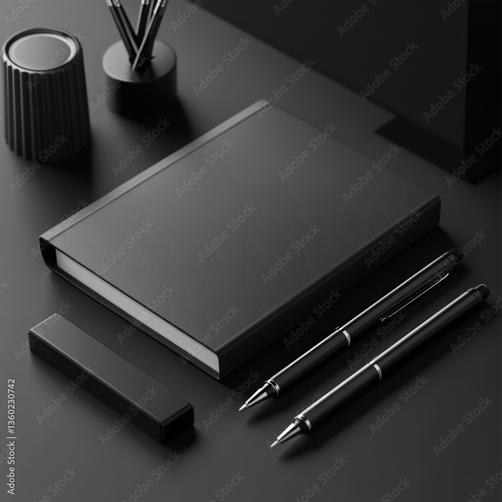 Dark, minimalist stationery set.  Blank notebook, pens, and accessories, presented on a dark surface
