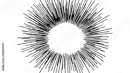 Vector abstract illustration of a sunburst featuring clean, lengthy rays, representing clarity, energy, and focus in a simplistic and modern artistic style.