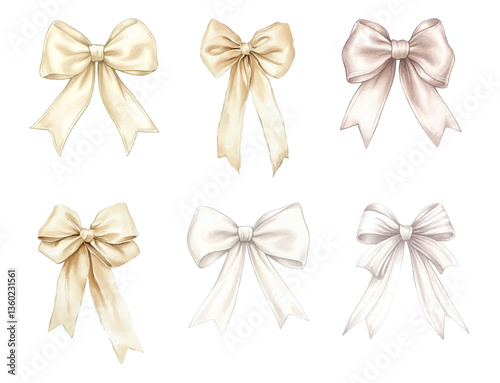 Set of watercolor elegant bows png. Elegant satin ribbon bows in beige and ivory colors. Vintage elegant bows. Elements of fashion, beauty, decor, etc.