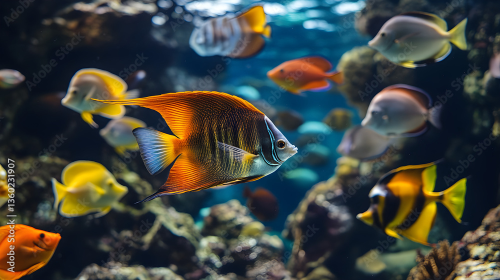 A lively school of fish swims in harmony, their movements flowing as one, demonstrating the intricate relationships within the aquatic ecosystem