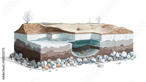 A digital illustration depicting a cutaway cross-section view of a frozen lake.  The illustration shows various layers of soil, sediment, and rock beneath the frozen lake surface, with a layer of