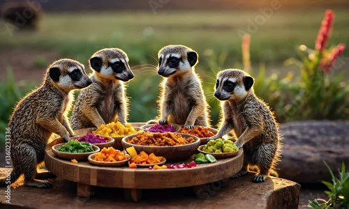 A group of meerkats gathered around a wooden platter filled with colorful fruits and vegetables.