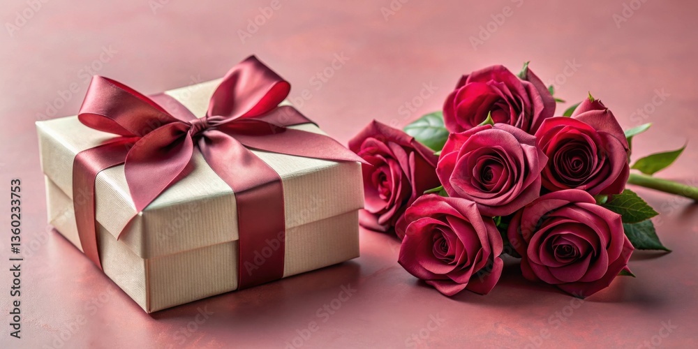 A luxuriously wrapped gift box with a deep crimson ribbon sits beside a bouquet of rich, velvety red roses, suggesting a thoughtful present and heartfelt sentiment. A luxuriously wrapped gift box with a deep crimson ribbon sits beside a bouquet of rich, velvety red roses, suggesting a thoughtful present and heartfelt sentiment.