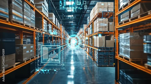 Exploring a modern warehouse with advanced technology for inventory management and smart logistics systems in action