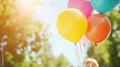 Fototapeta Naklejka Na Ścianę i Meble -  Smiling children playing in a park with colorful balloons, vibrant and playful outdoor theme